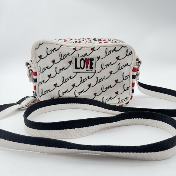 Brighton "LOVE SCROLL" Canvas Adjustable Crossbody Red White Blue Hearts Bag - Picture 1 of 8